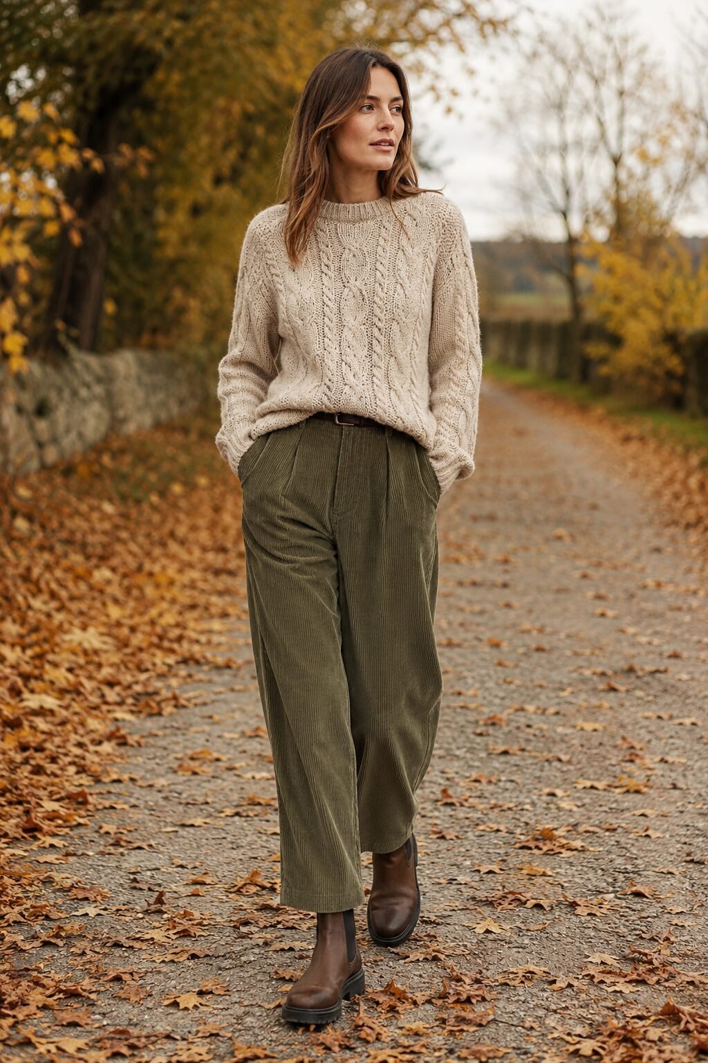 fall capsule outfit formula: oatmeal cable knit sweater with olive corduroy trousers and chelsea boots