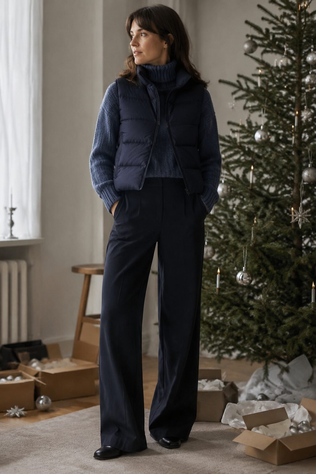 cool toned winter outfit: navy puffer vest over a storm-blue turtleneck and wide-leg trousers for tree-trimming at home
