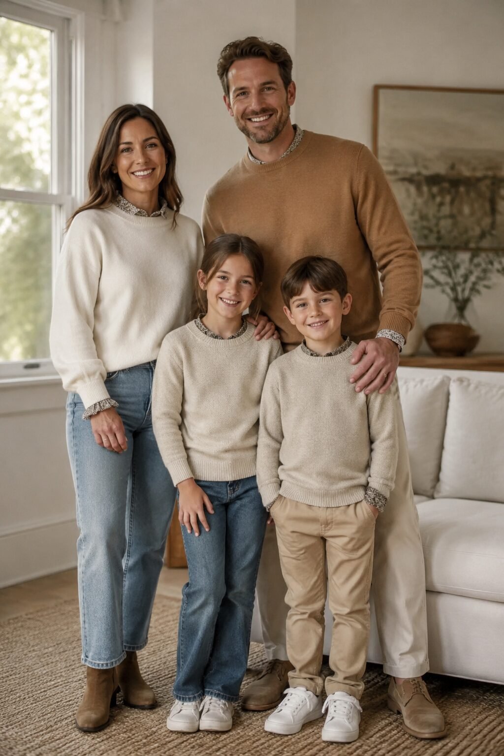family christmas outfits with a shared print detail: mother in a cream sweater with a printed collar trim