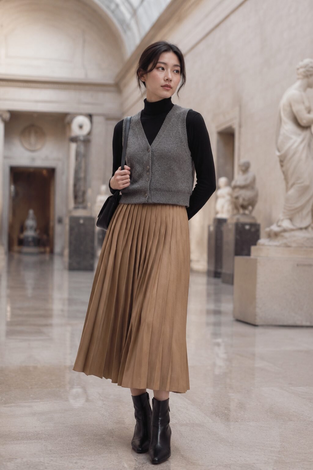 grey knit vest over black turtleneck with camel pleated midi skirt, fall capsule wardrobe outfit