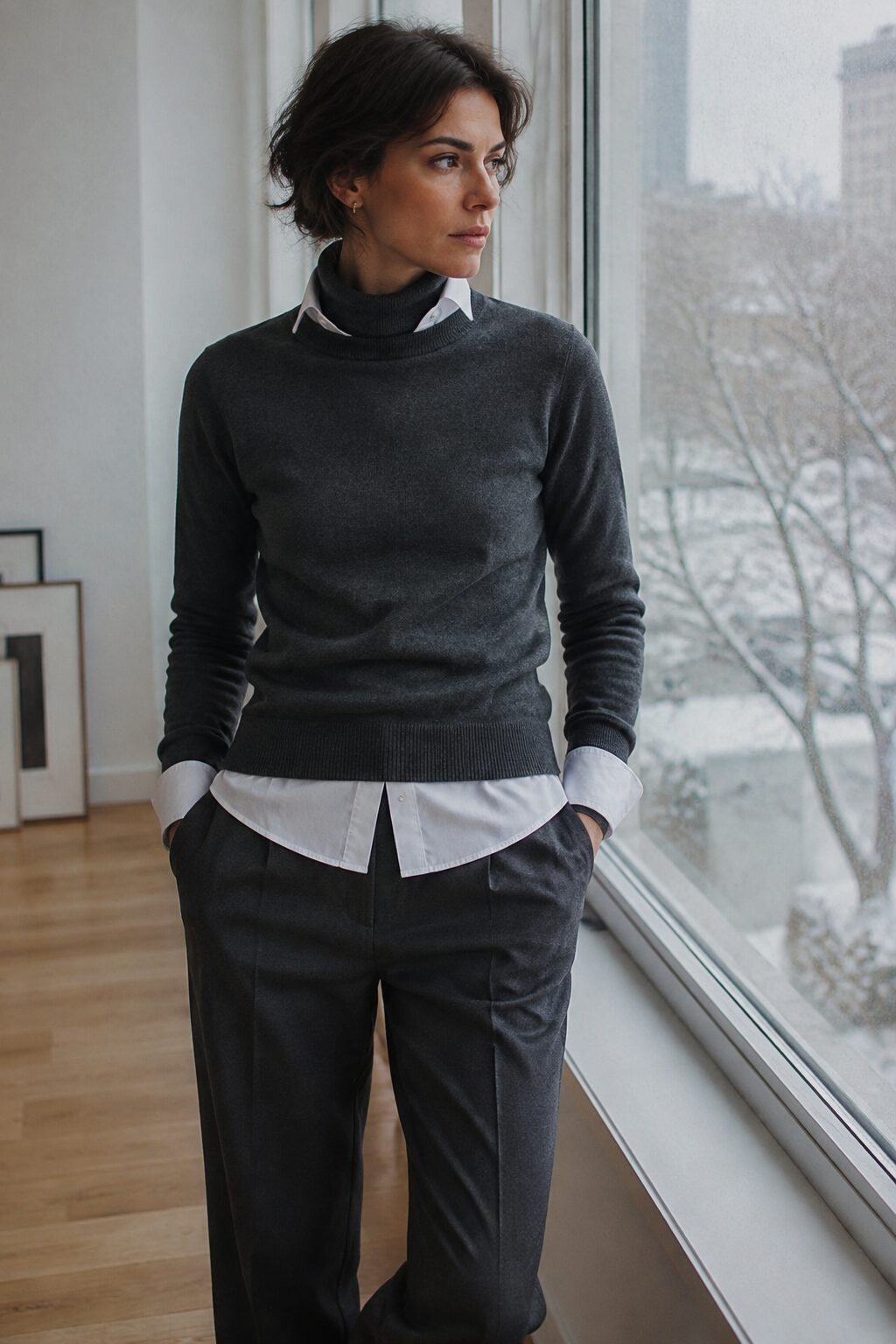 winter white shirt outfit: shirt collar layered under a fine-knit charcoal turtleneck