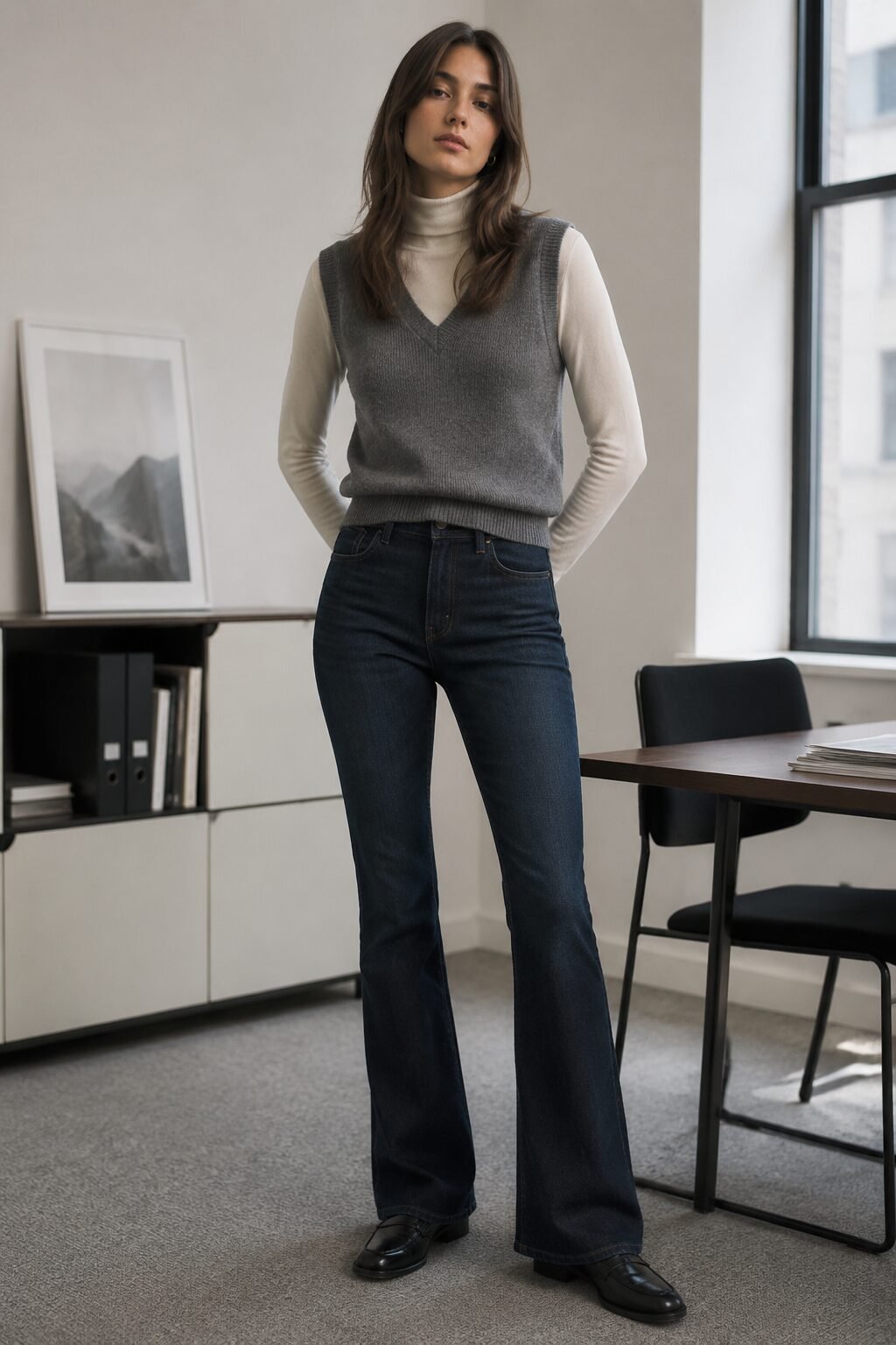 office bootcut jeans outfit: grey sweater vest layered over ivory turtleneck with indigo denim