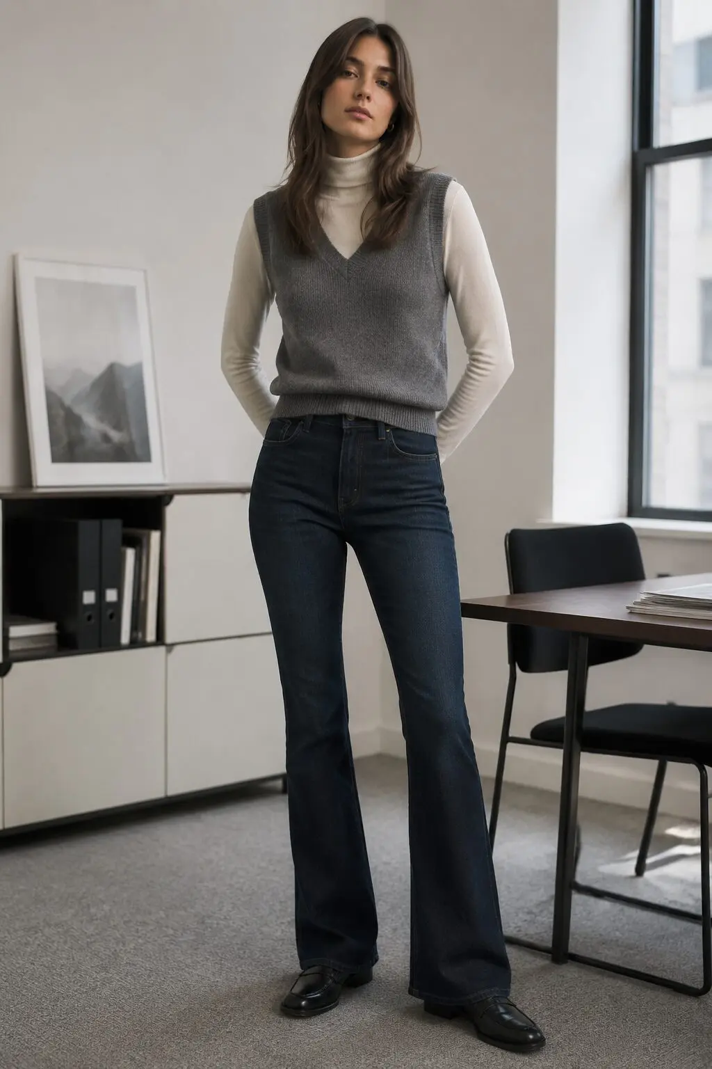 office bootcut jeans outfit: grey sweater vest layered over ivory turtleneck with indigo denim