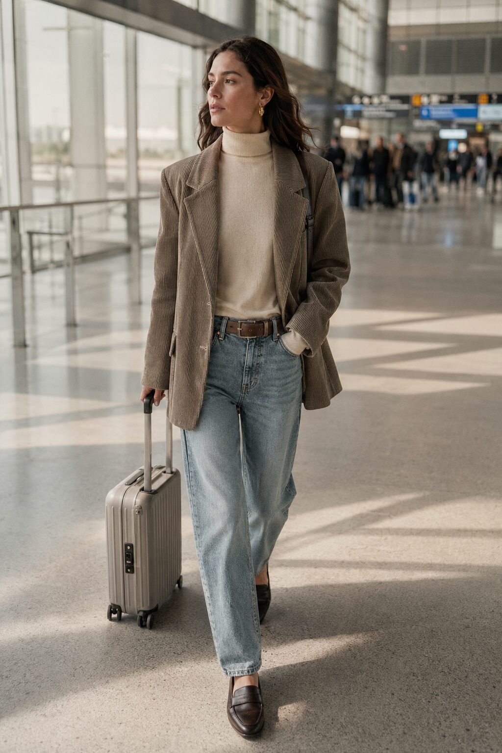 travel-day Carolyn Bessette jeans and blazer outfit: oversized taupe corduroy blazer with faded blue-grey straight-leg jeans