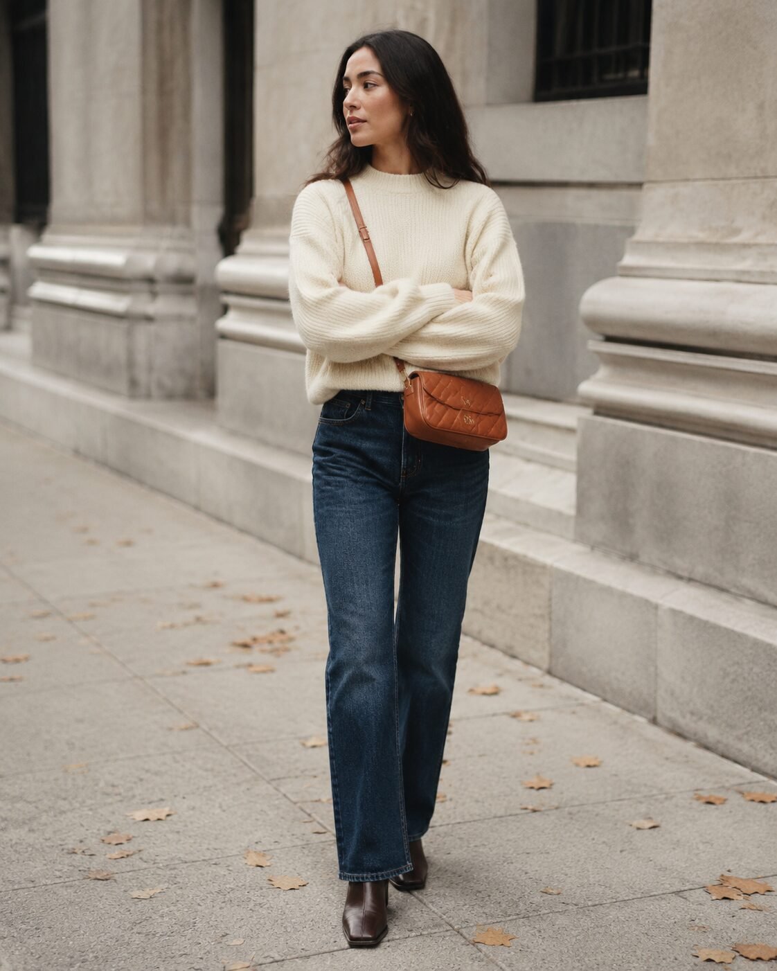 affordable quiet luxury fall outfit: cream knit and denim styled with a quilted cognac leather crossbody bag