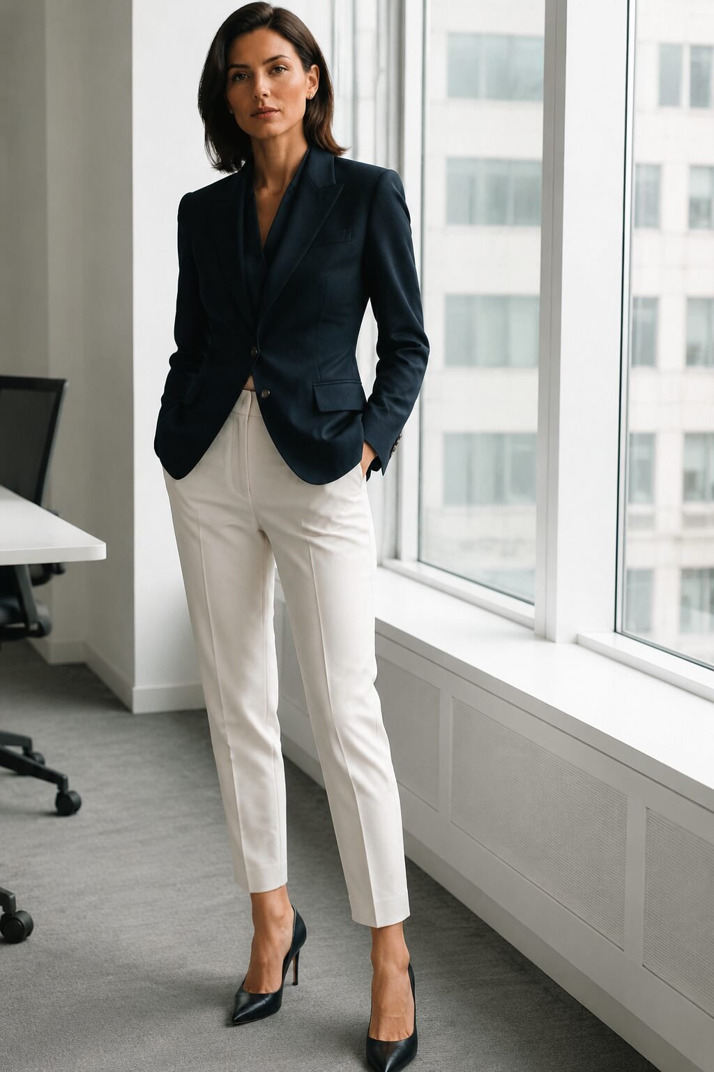chalk white cigarette pants and navy blazer outfit for office meeting style