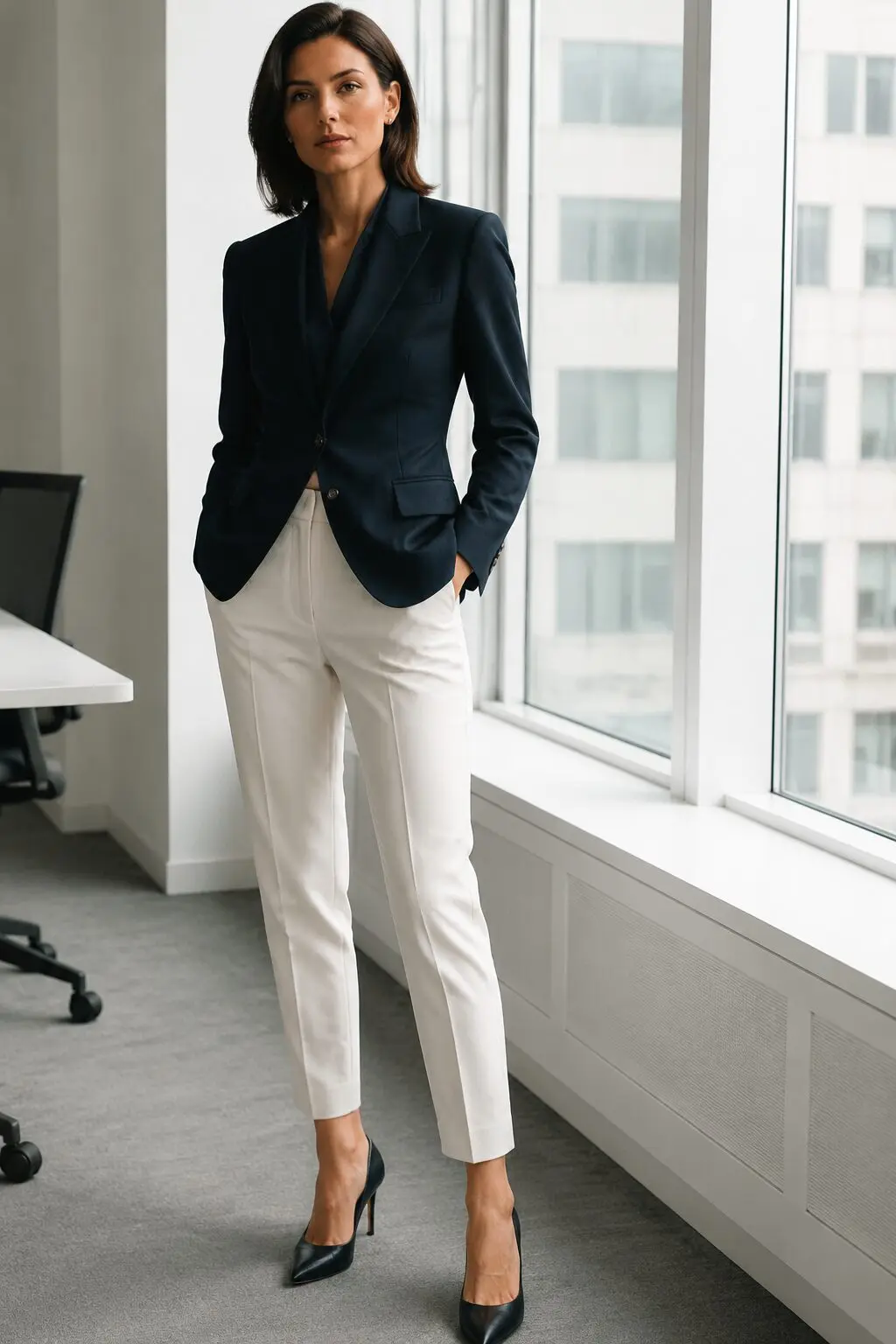 chalk white cigarette pants and navy blazer outfit for office meeting style