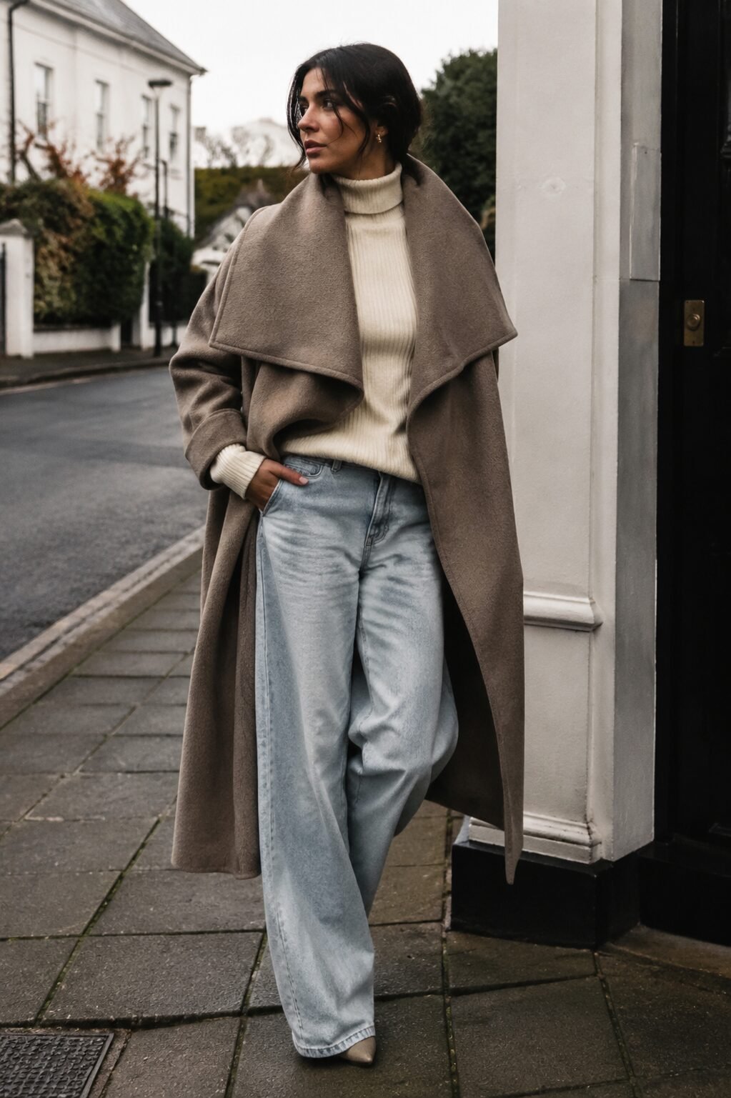 taupe oversized cocoon coat, ribbed turtleneck, and wide-leg jeans, quiet luxury Sunday outfit