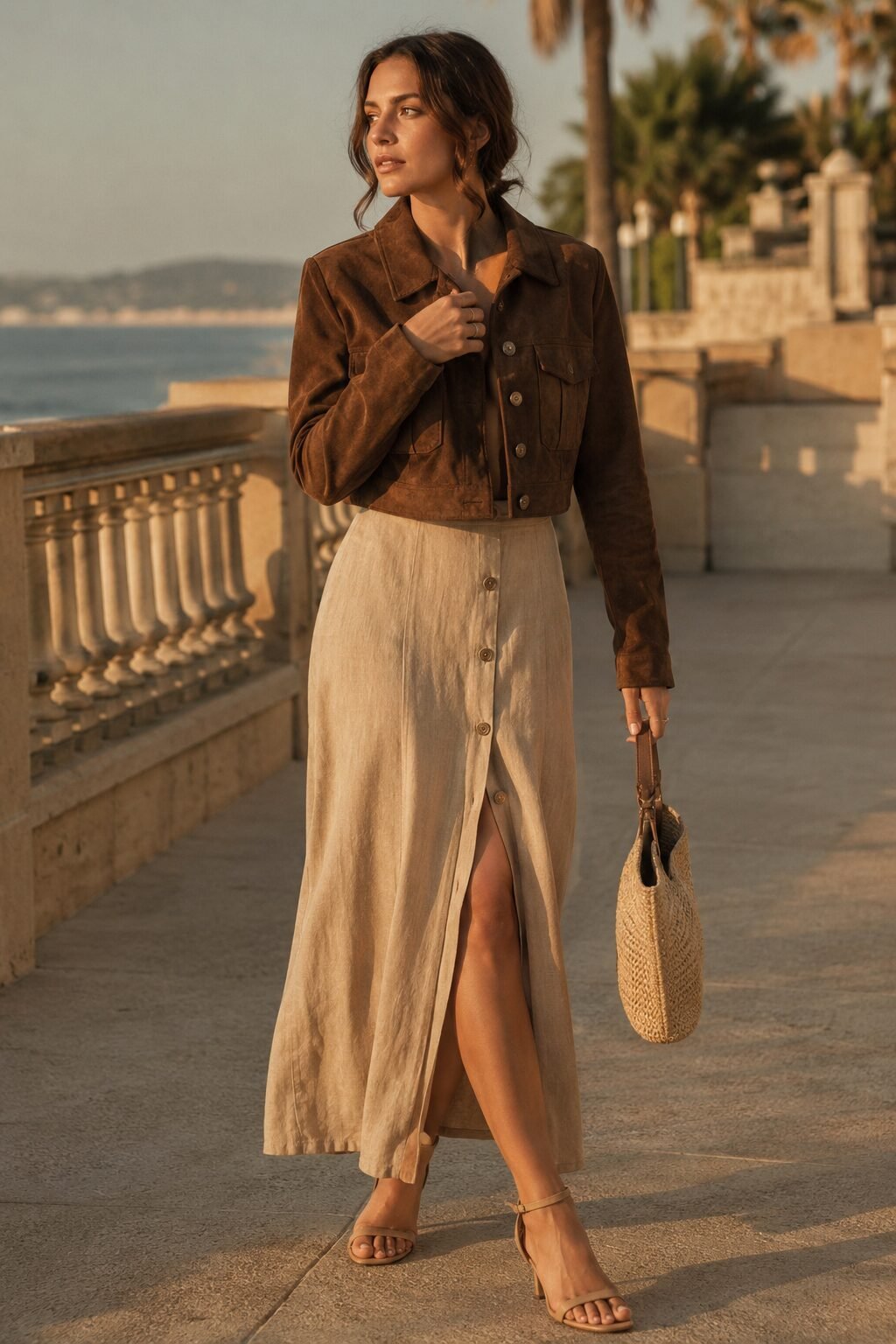 evening suede jacket outfit: chocolate suede jacket with a tan linen maxi skirt and nude heeled sandals