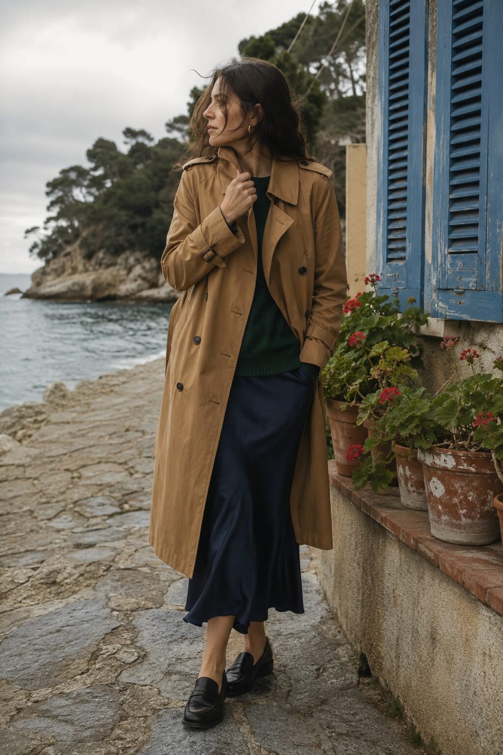 fall capsule wardrobe weekend outfit: camel trench coat over a forest green sweater and navy silk skirt with black loafers