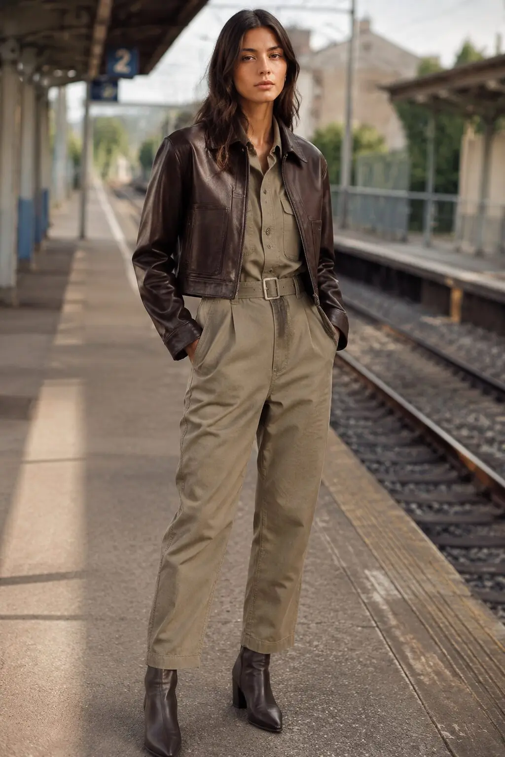 how to style a leather jacket with a jumpsuit: chocolate leather jacket layered over a neutral utility jumpsuit