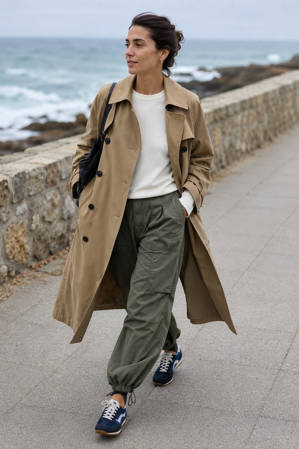 how to style a trench coat with cargo pants: camel trench coat, black cargo pants, and white sneakers