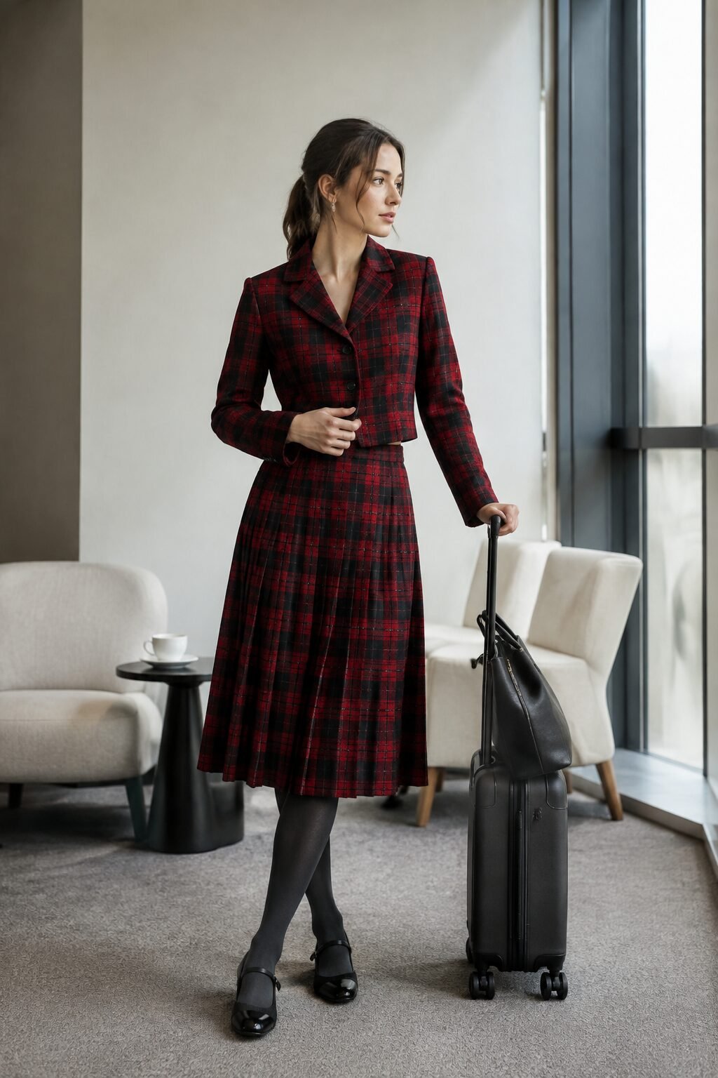 80s inspired christmas outfits, matching red and black plaid blazer and trousers for holiday travel day