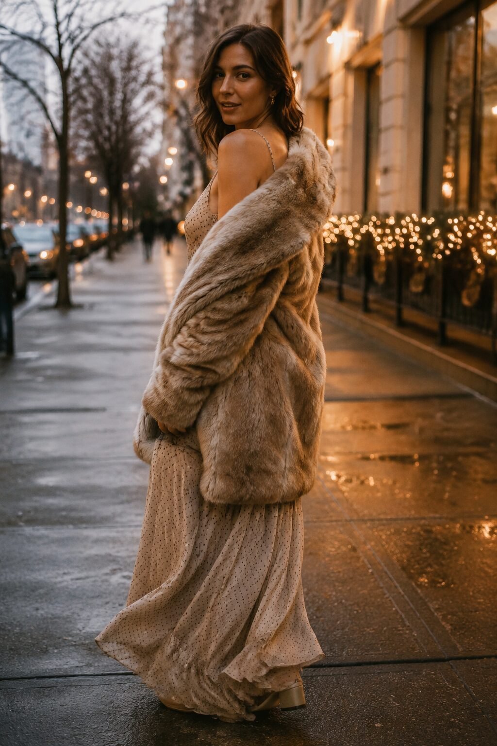 duo-toned tan faux fur coat over a moon dot silk slip dress, an evening out christmas outfit under holiday lights