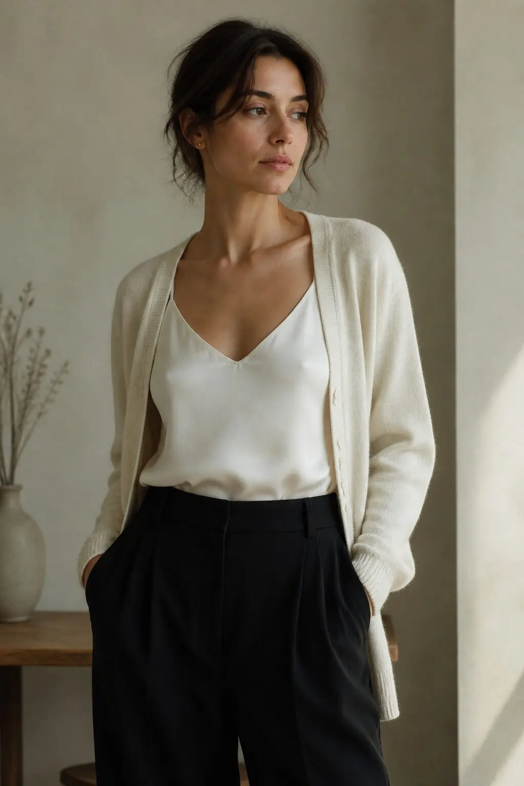 cream cardigan over silk camisole with black wide-leg trousers, elegant christmas lunch outfit for hosting