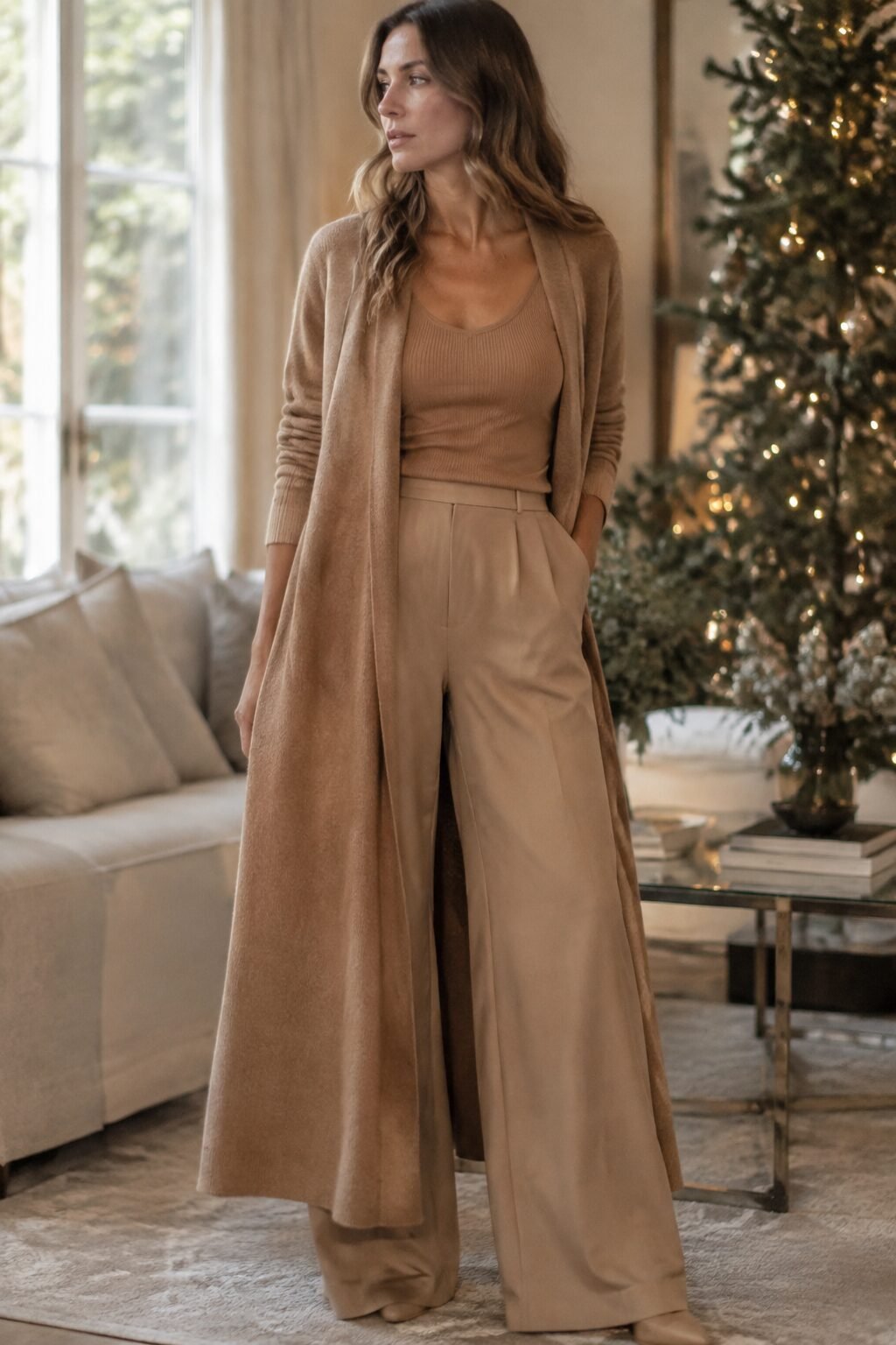 comfortable chic christmas day outfit: camel duster cardigan, ribbed tank, and wide-leg trouser for hosting