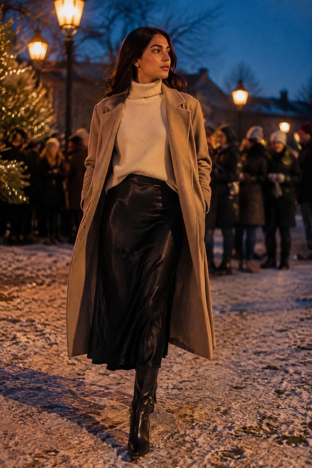 what to wear Christmas Eve: black satin slip skirt with cream turtleneck and boots for caroling