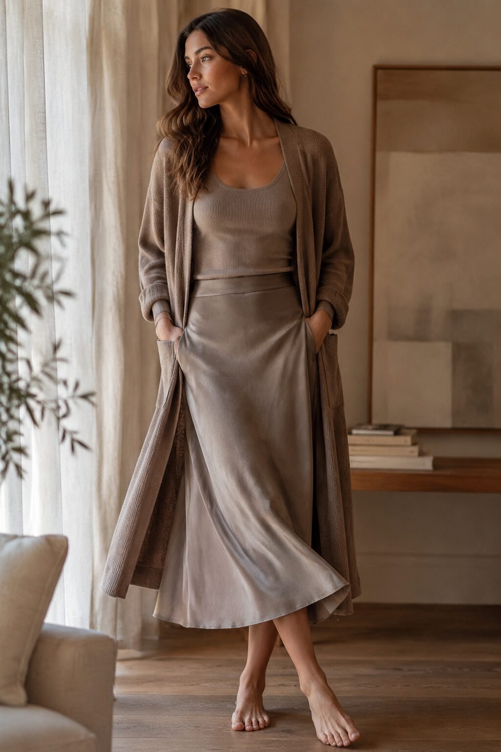 taupe ribbed tank bias midi skirt and long cardigan sunday outfit in the carolyn bessette kennedy style