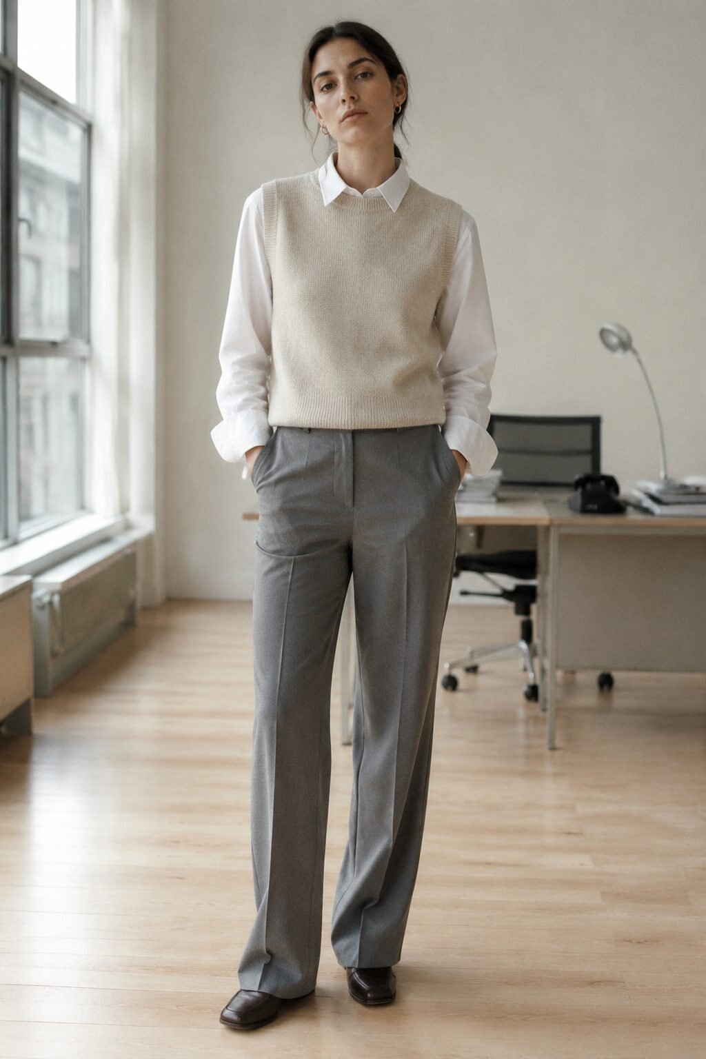 affordable quiet luxury office outfit: oatmeal sweater vest layered over a white button-down with grey trousers