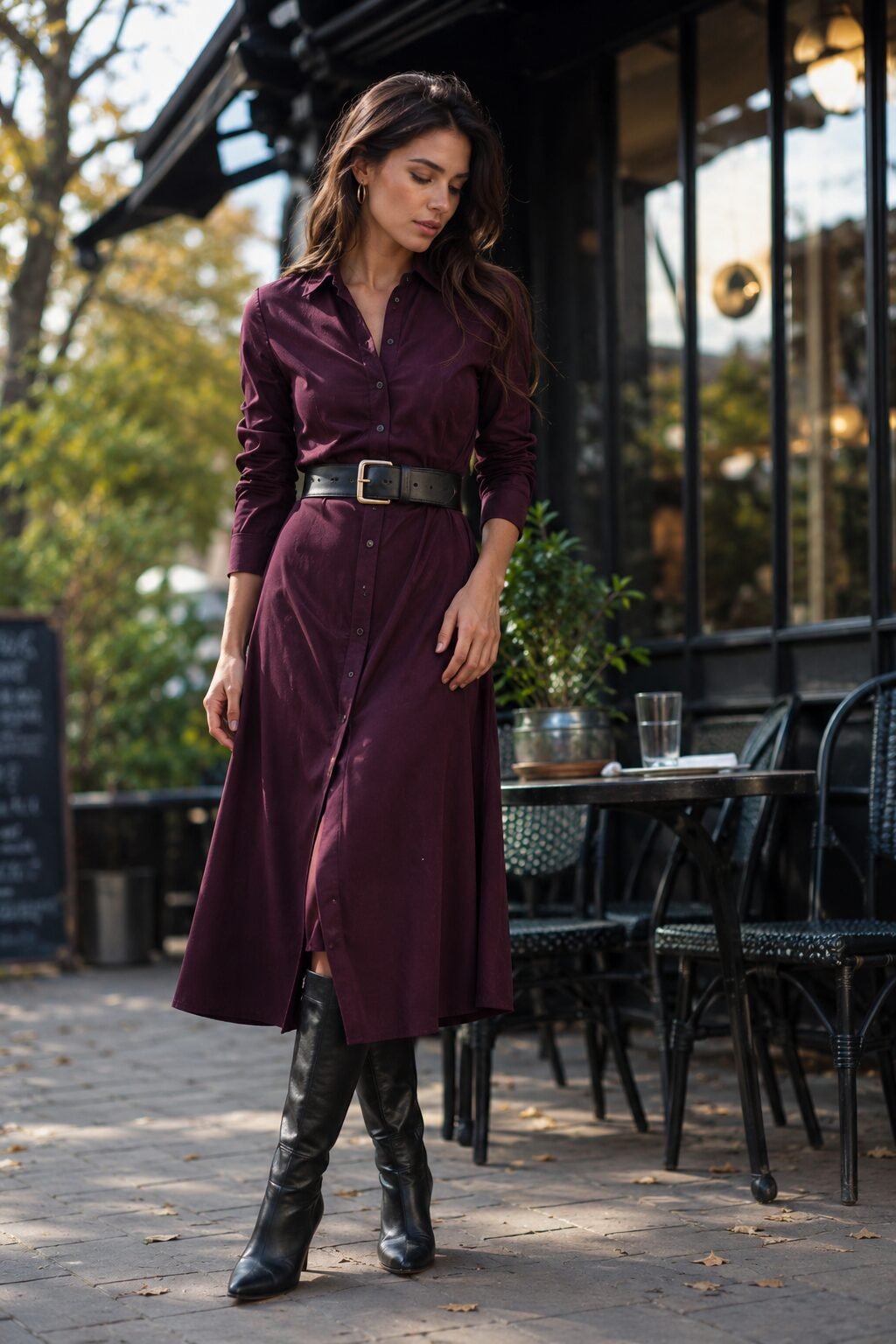 fall capsule outfit formula: plum shirt dress cinched with a wide belt and knee-high boots
