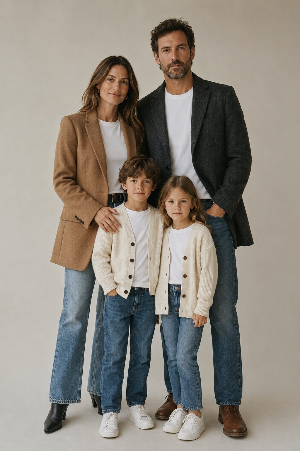 family christmas photo card outfit: mother in a camel wool blazer over a white tee and jeans