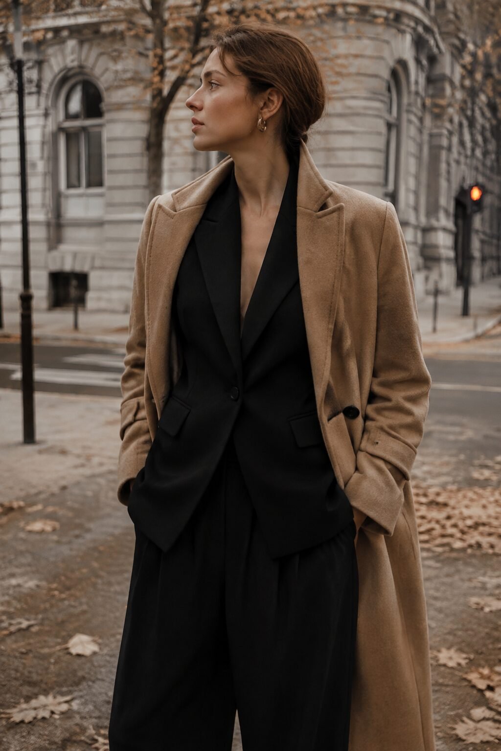 camel wool coat layered over black tailored blazer and black trousers, deep fall capsule outfit