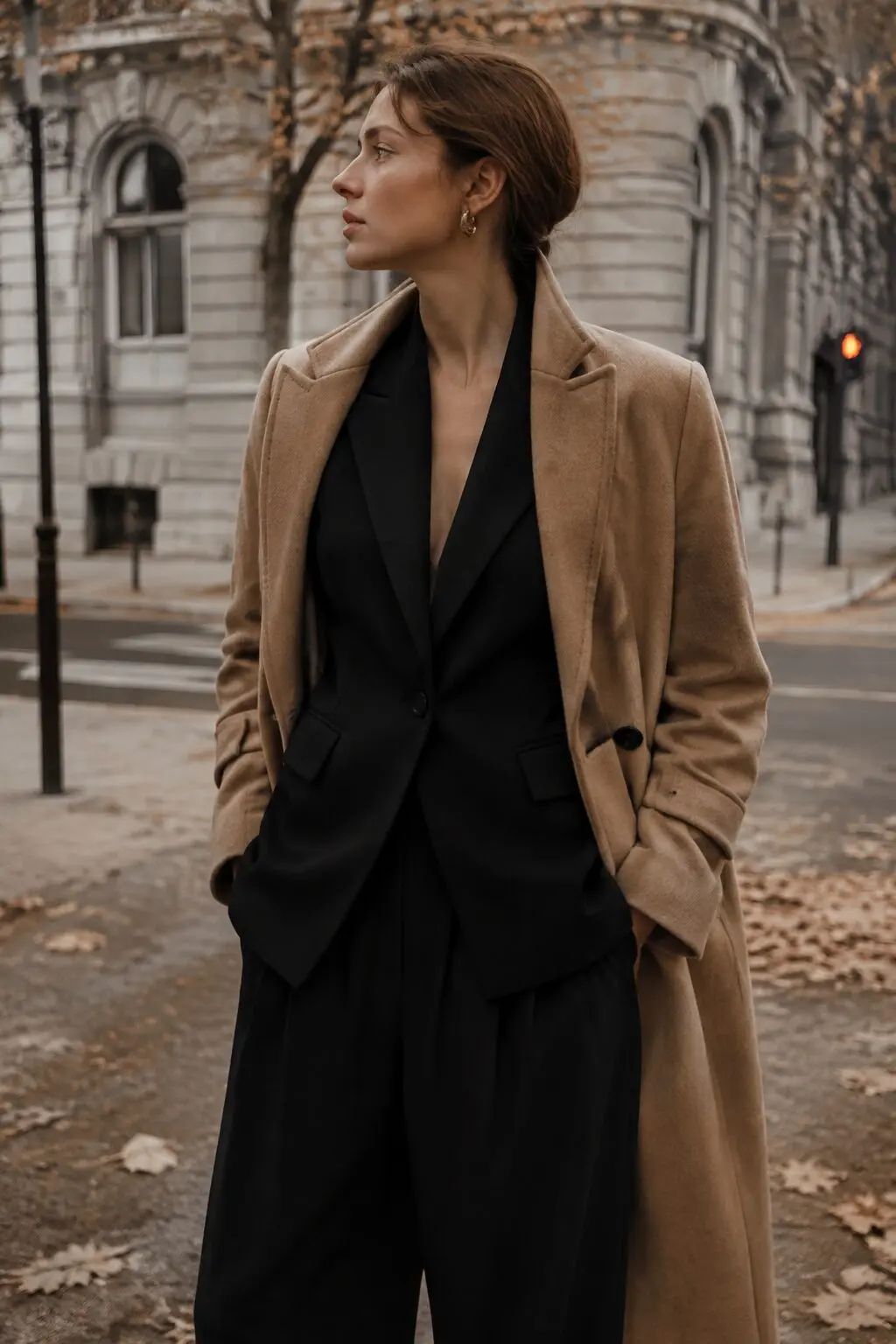 camel wool coat layered over black tailored blazer and black trousers, deep fall capsule outfit