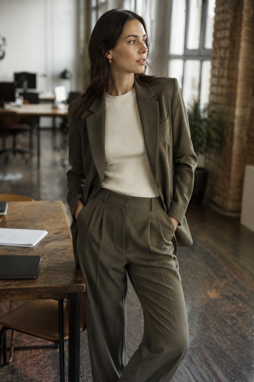 fall capsule wardrobe outfit idea: olive blazer, knit top, and relaxed trousers for a Thursday off-site workshop