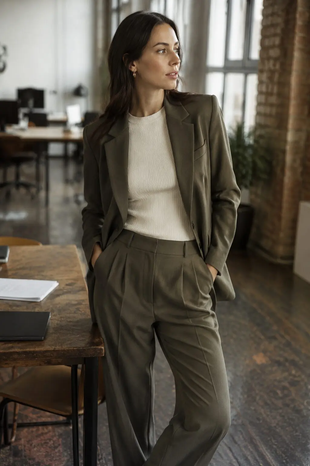 fall capsule wardrobe outfit idea: olive blazer, knit top, and relaxed trousers for a Thursday off-site workshop