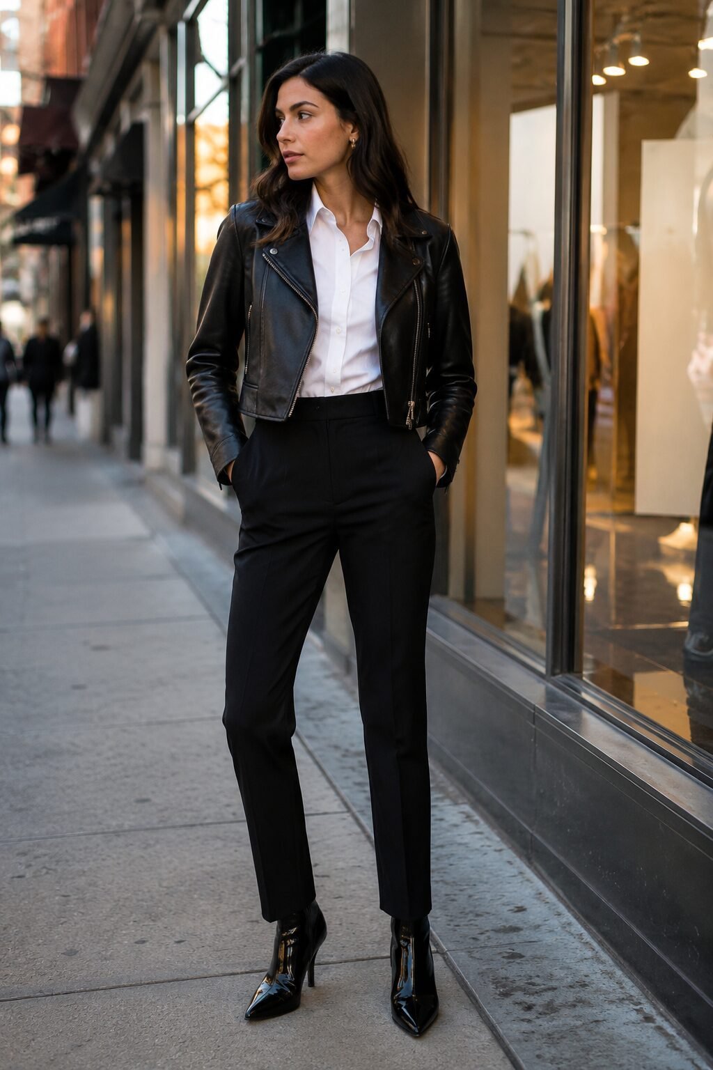 edgy white shirt outfit: white shirt and black cigarette trousers under a cropped leather moto jacket