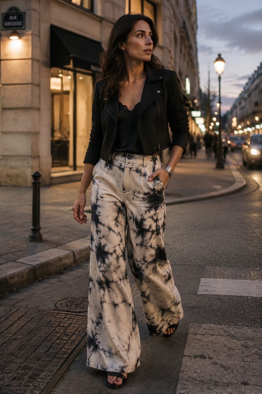 evening-out denim and blazer outfit: black cropped moto-seamed blazer with ink-wash wide-leg jeans