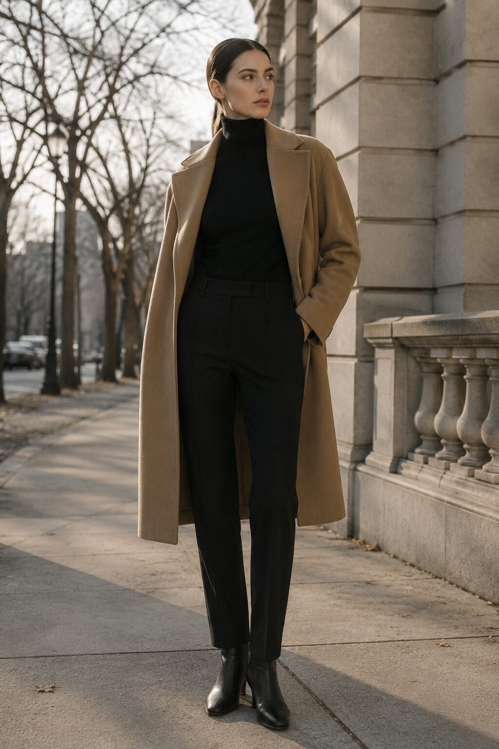 cold weather black pants outfit: draped camel wool coat over a black turtleneck with slim cigarette black trousers