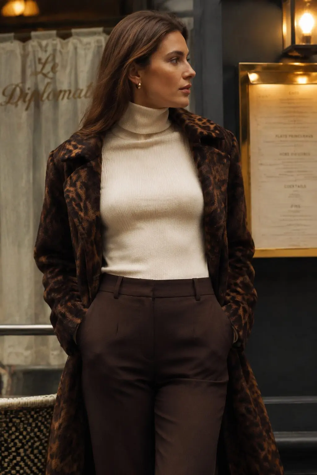 espresso cigarette pants and cream turtleneck outfit with statement print coat for evening