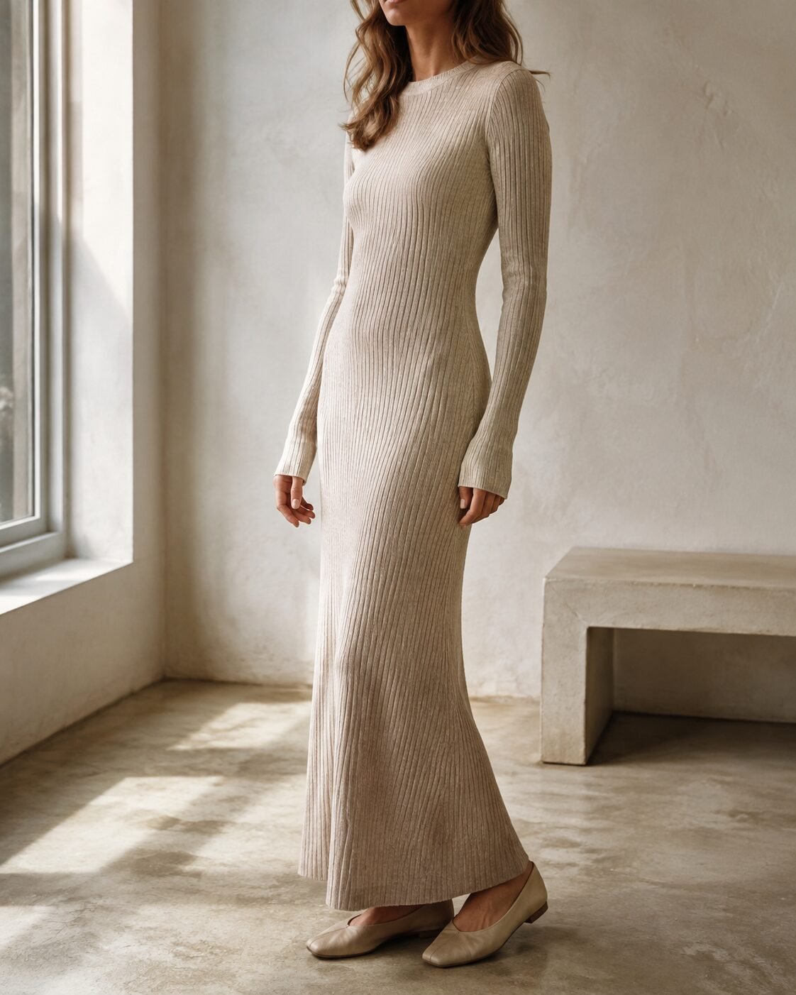 affordable quiet luxury fall outfit: oatmeal ribbed cashmere sweater dress