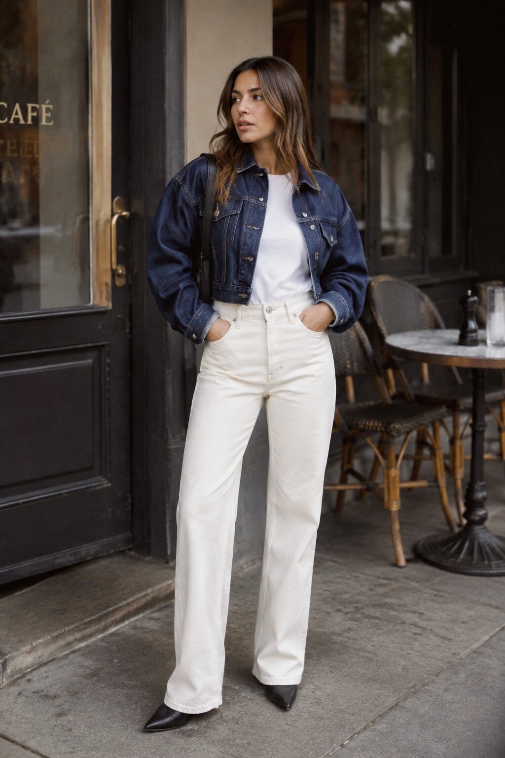 oversized denim jacket worn as outerwear over a white tee and ecru jeans, 90s minimalist denim outfit