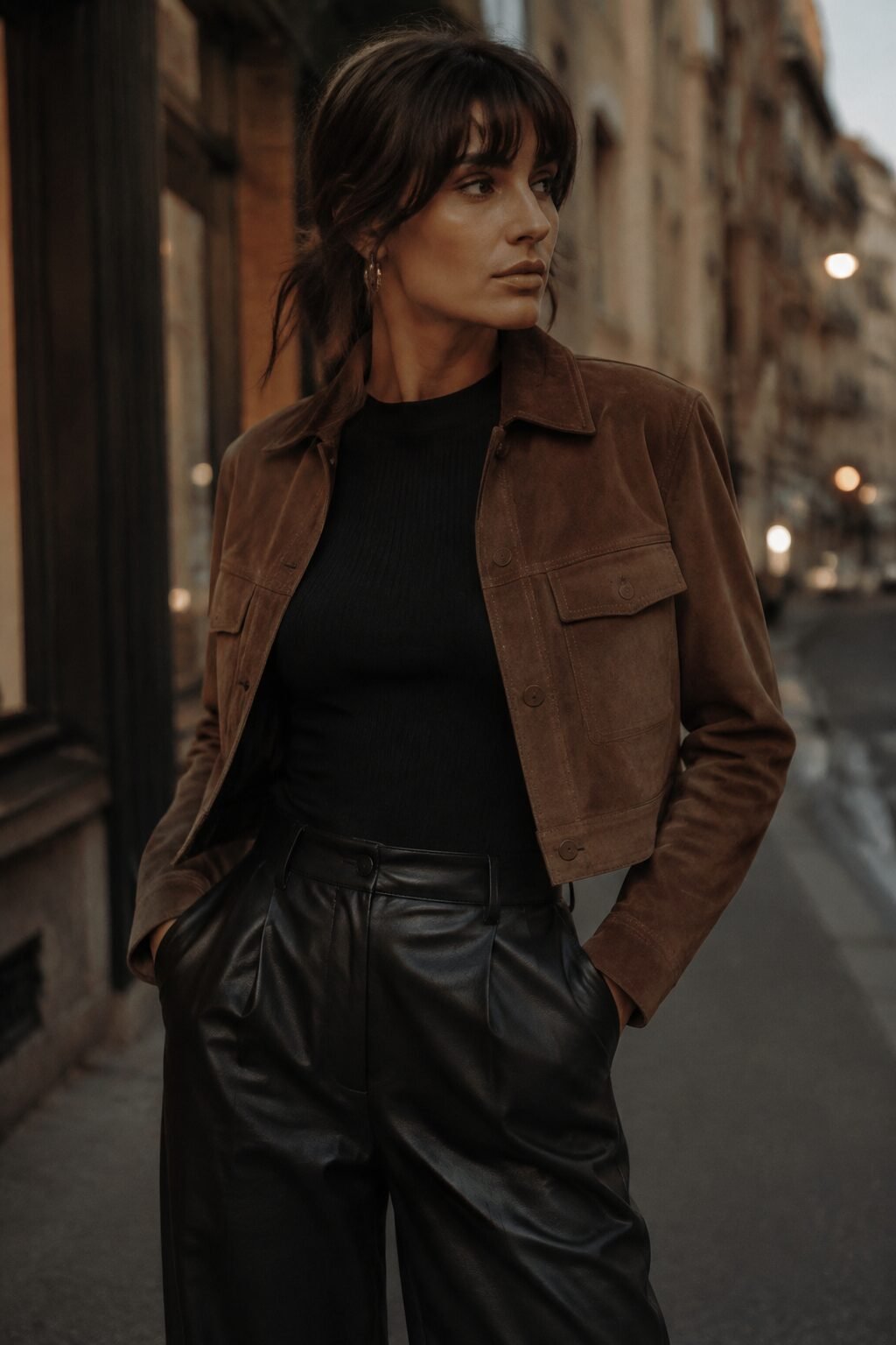 date night suede jacket outfit: chocolate suede jacket over a black bodysuit and faux-leather trousers