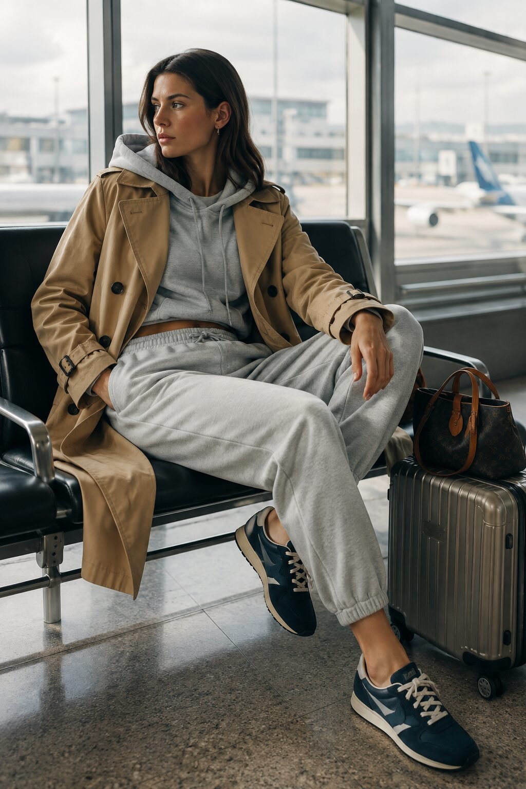 trench coat outfit for the airport: camel trench coat over a black cropped hoodie with white sneakers