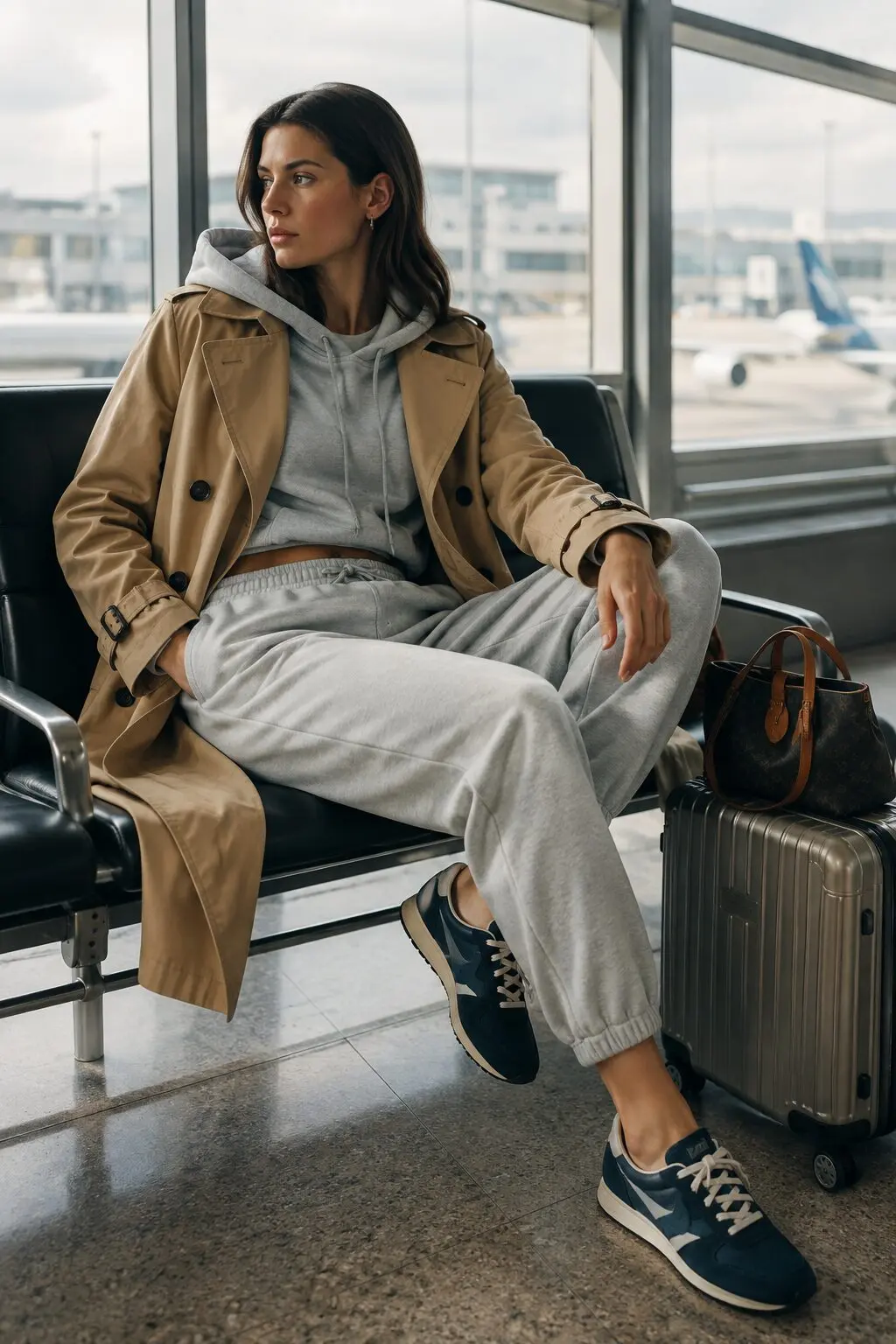 trench coat outfit for the airport: camel trench coat over a black cropped hoodie with white sneakers