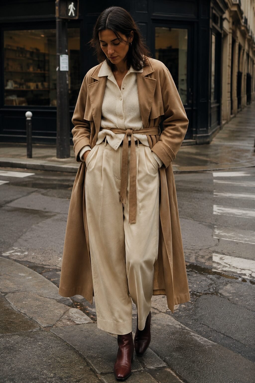 how to style a cardigan with a trench coat: heathered taupe cashmere cardigan layered under open camel trench coat, fall travel outfit