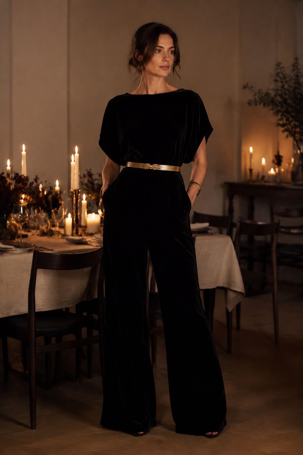 glamorous christmas outfits quiet luxury, black wide leg jumpsuit with statement belt for New Year's Eve