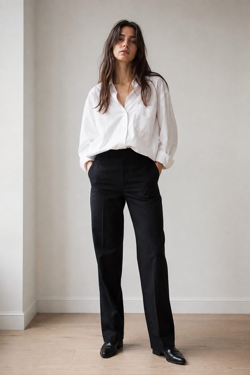 woman in a 90s minimalist outfit wearing a relaxed oversized white shirt loosely tucked into black trousers