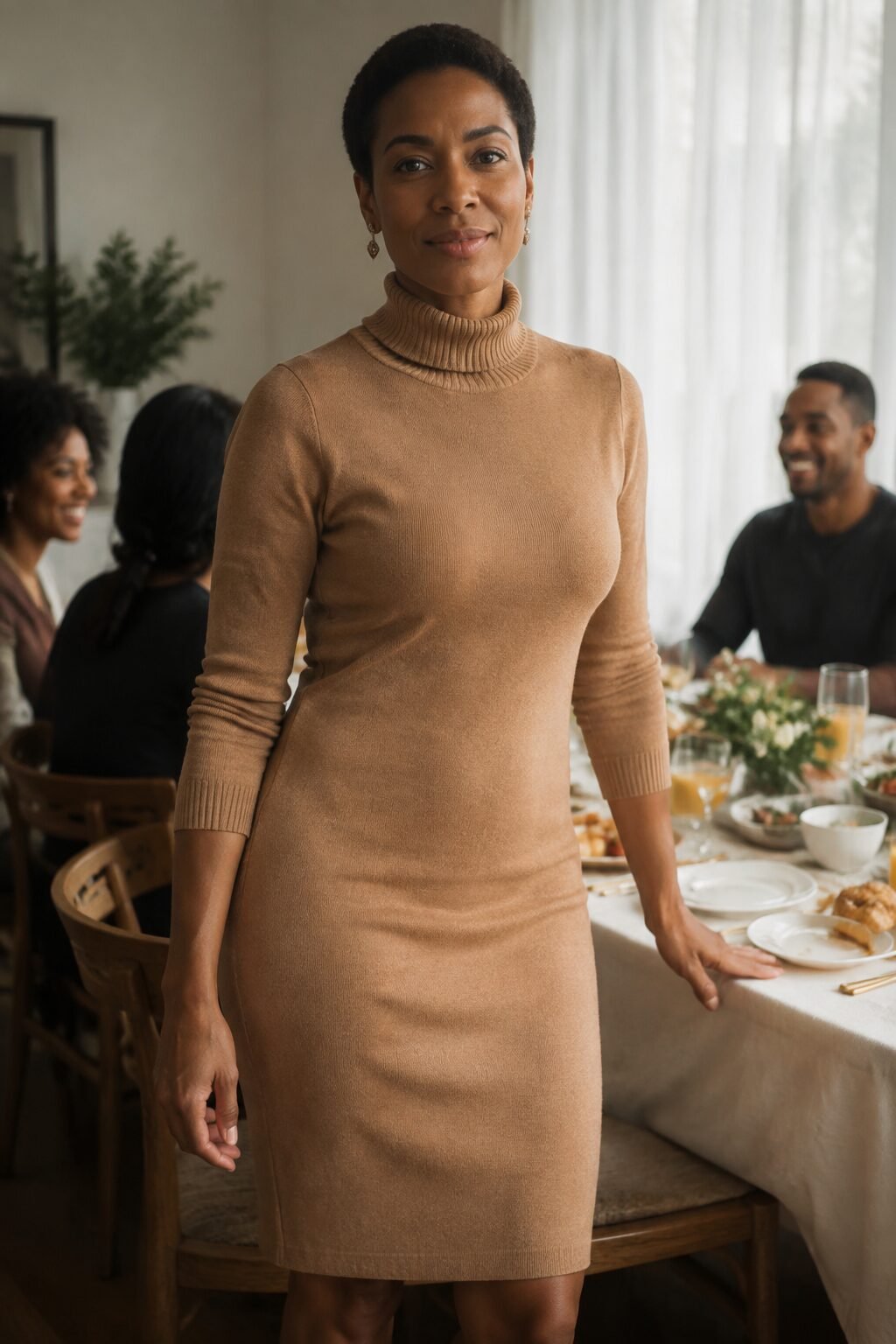 monochrome camel family christmas outfits, each in a different silhouette, for a family brunch
