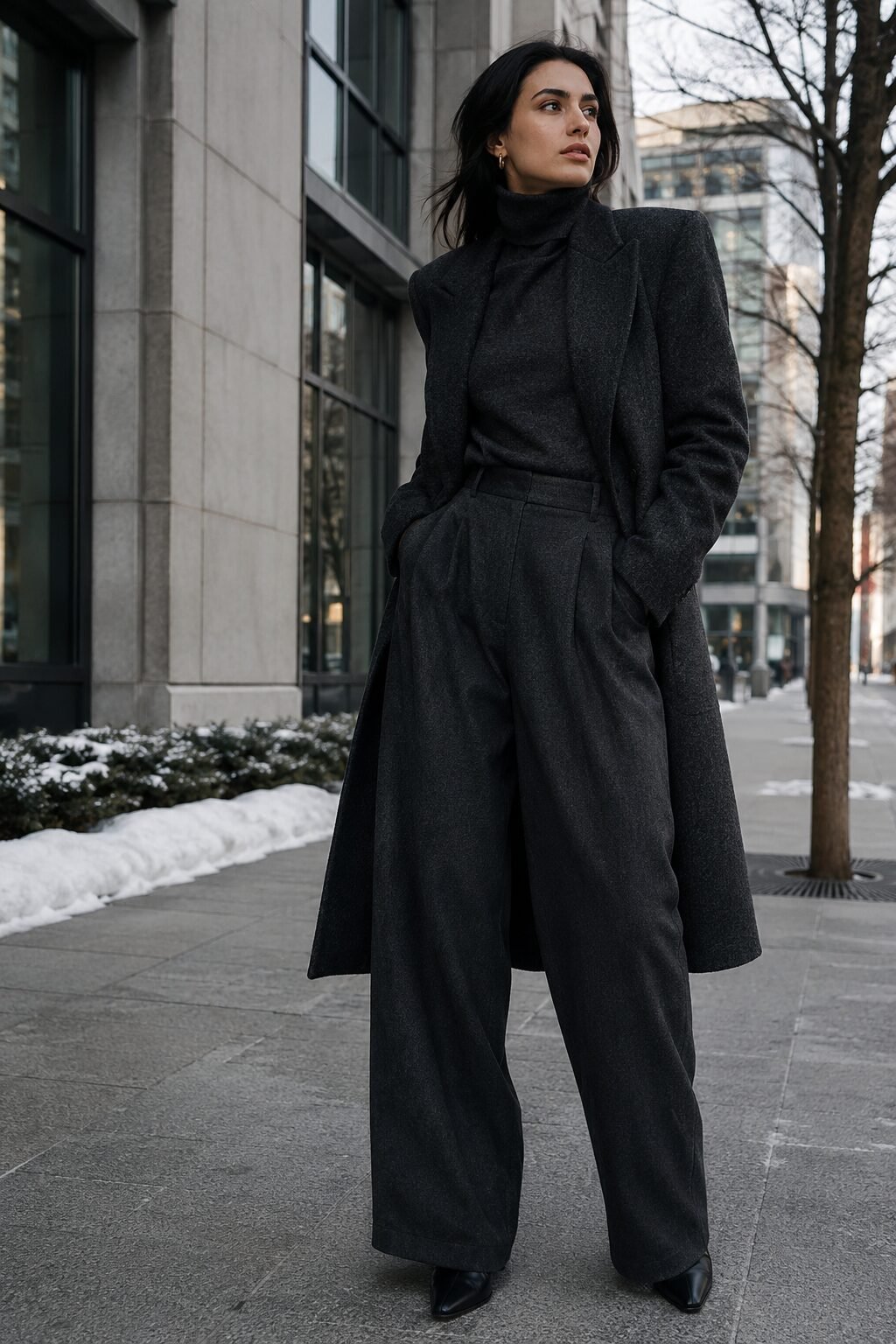 charcoal structured wool coat wide-leg trouser and turtleneck winter office outfit carolyn bessette kennedy inspired