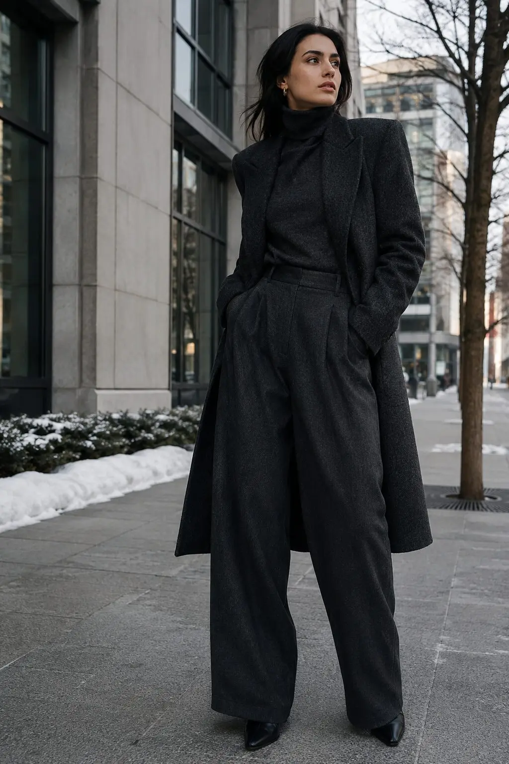 charcoal structured wool coat wide-leg trouser and turtleneck winter office outfit carolyn bessette kennedy inspired