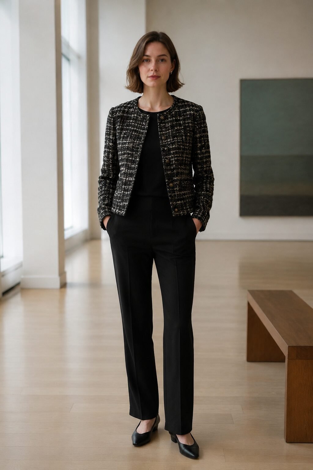 fall capsule outfit formula: black and cream tweed jacket over black trousers with flat shoes
