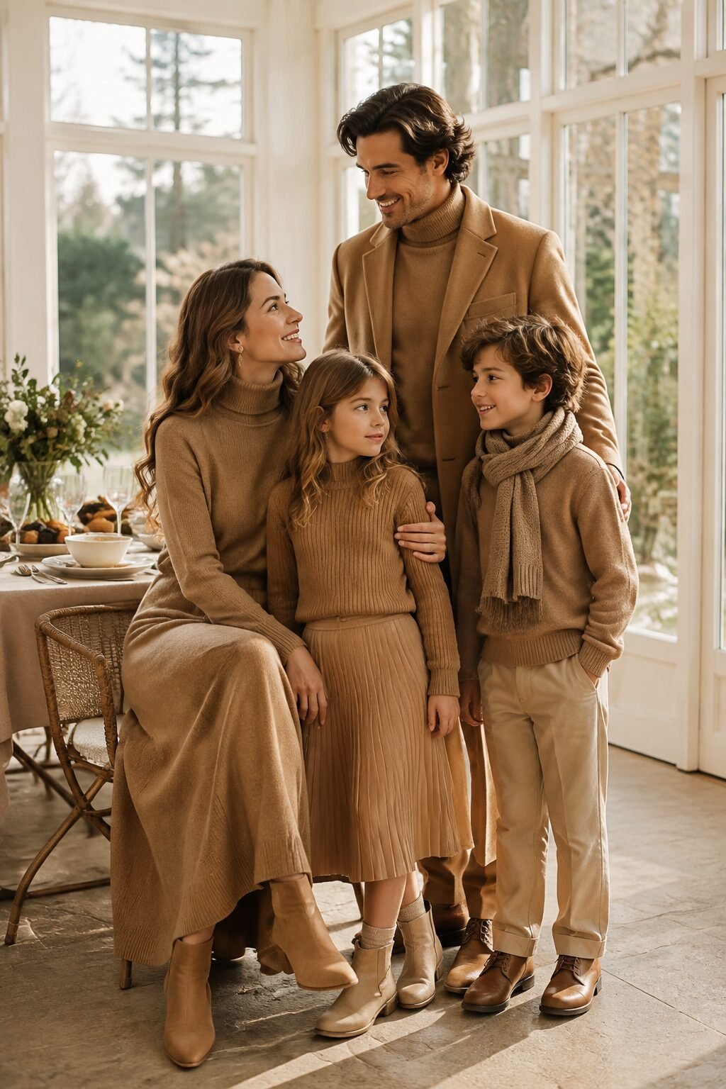 monochrome camel family christmas outfits, each in a different silhouette, for a family brunch