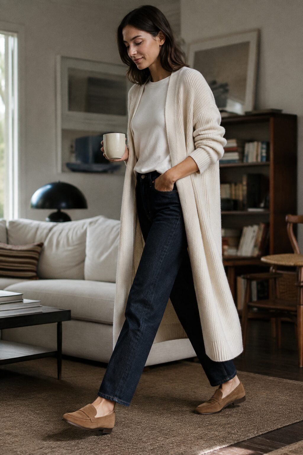 oversized cream longline cardigan over indigo straight-leg jeans and tan loafers, cozy fall capsule outfit