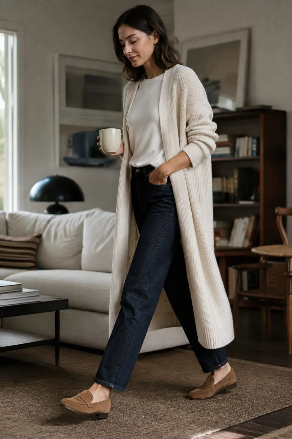 oversized cream longline cardigan over indigo straight-leg jeans and tan loafers, cozy fall capsule outfit
