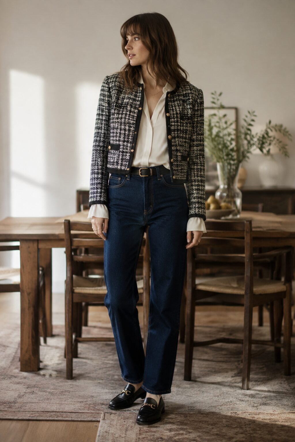 tweed jacket and silk blouse with dark denim, casual elegant christmas lunch outfit