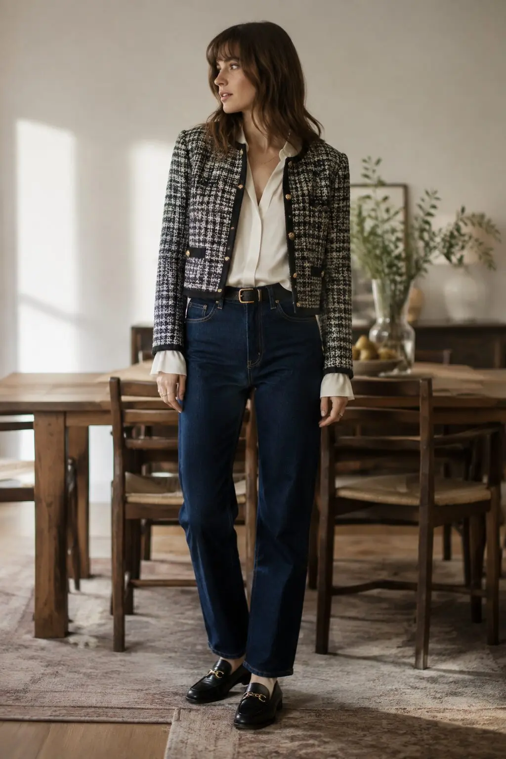 tweed jacket and silk blouse with dark denim, casual elegant christmas lunch outfit